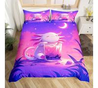 Homewish Housse de Couette Violet Rose Axolotl, Parure de Lit 220x240 Enfant Filles Dessert Lait Thé, Sets de Housses de Couettes Dreamy Galaxy Stars Moon, Couvre Lit Fantasy Violet