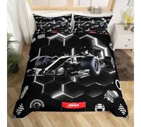 Homewish Housse de Couette Voiture de Course 140x200 Noir Enfant Garçon, Parure de Lit Nid d'abeille Néon, Sets de Housses de Couettes Voitures de Sport, Couvre Lit Casque de Course Roue À Carreaux