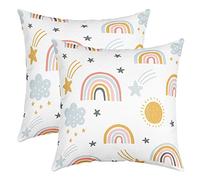Homewish Housse de coussin arc-en-ciel 40 x 40 cm, motif soleil et étoiles, pour enfants, garçons, dessin animé, nuage, girly doux, décoratif, pour salon, jaune et rose