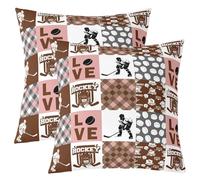 Homewish Housse de Coussin Hockey sur Glace Housse Coussin 60x60 Lot de 2 Sports Taie d'oreiller Enfants Garçons Hommes Patchwork Rayures Casque À Treillis Rose Marron Taie Oreiller Doux Confortable