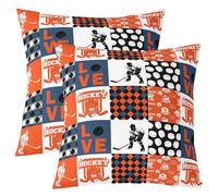 Homewish Housse de Coussin Hockey Sur Glace Housse Coussin 60x60 Lot de 2 Sports Taie d'oreiller Enfants Garçons Hommes Rayures Réseau Casque Patchwork Boule Bleu Orange Taie Oreiller Doux Confortable