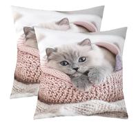 Homewish Housse de Coussin Lot de 2 60x60 pour Chats Housse Coussin Imprimer Chaton Mignon Taie d'oreiller Petit Chat Gris Taie Oreiller Animaux de Compagnie Enfant Animaux Thème Rose Gris Blanc