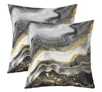 Homewish Housse d'oreiller en Marbre Noir Gris Housse d'oreiller Carrée Décorative Rayée Aquarelle,Housse de Coussin en Métal Imprimé Feuille de Marbre Noir Or 60x60 Lot de 2