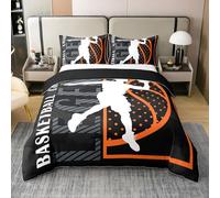 Homewish Joueur de Basket Ball Coton Housse de Couette 220x240,Jeu de Balle Parure de Lit,Athlète Cool Imprimé Enfant Garçon Literie Set Chambre À Coucher,Jeu Noir Orange Couvre Lit