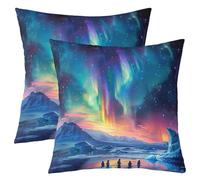 Homewish Lot de 2 60x60 Aurora Boreal Taie d'oreiller Neige Mountain Taie d'oreiller Pingouin Étoiles Scintillantes Taie d'oreiller Lac Mystérieux Style Décoratif Taie d'oreiller Bleu Vert Rouge