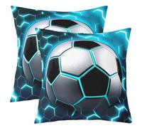 Homewish Lot de 2 Bleu Football 60x60 Taie d'oreiller,Brillant Hexagonal Nid d'abeille Hold Taie d'oreiller,Housse de Coussin de Sport de Football,Lightning Match Décoratif Carré Taie d'oreiller