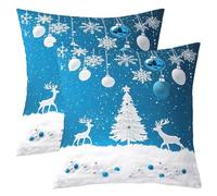 Homewish Lot de 2 Housse de Coussin 40x40 Arbre de Noël,Taie d'oreiller Enfants Adolescents Adultes Cerfs de Noël,Housse d'oreiller Flocon de Neige d'hiver Ornaments de Christmas Bleus Blancs