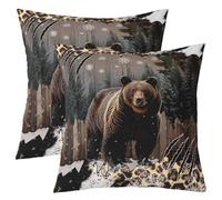 Homewish Lot de 2 Housse de Coussin 40x40 Cabine Lodge,Taie d'oreiller Ours de Chasse Rustique,Housse d'oreiller Ferme Bois Animal Sauvage Garçons Filles Ours Patte Léopard Imprimer Décor en Bois