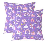 Homewish Lot de 2 Housse de Coussin 40x40 Violet Unicorn,Taie d'oreiller Filles Arc-en-Ciel Unicorn,Housse d'oreiller Enfants Princess Castle Dessin Animé Fantasy Filles Kawaii Galaxy Moon Heart