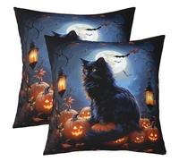 Homewish Lot de 2 Housse de Coussin 45x45 3D Chat Noir, Taie d'oreiller Lune de Citrouille d'halloween, Housse d'oreiller Chaton Mignon Animal, Taie Oreiller Garçons Filles Amateurs de Chats