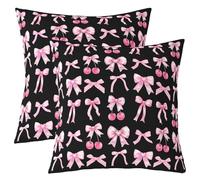Homewish Lot de 2 Housse de Coussin 45x45 Bouchon de Cerise Rose,Taie d'oreiller Bouchon de Ruban de Soie Mignon,Housse d'oreiller Cravate de Princesse Kawaii Rêveux,Girly Hot Rose et Noir
