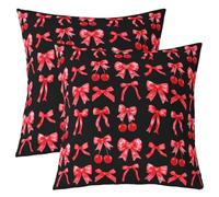 Homewish Lot de 2 Housse de Coussin 45x45 Bouchon de Cerise Rouge,Taie d'oreiller Bouchon de Ruban de Soie Mignon,Housse d'oreiller Cravate de Princesse,Taie Oreiller Kawaii Rêveux,Girly Rouge et Noir