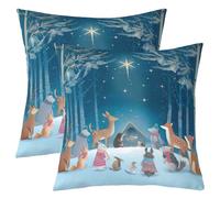 Homewish Lot de 2 Housse de Coussin 45x45 Cerf,Taie d'oreiller Bois,Housse d'oreiller Enfants Garçons Filles Lapin Renard Écureuil Motif Étoile,Taie Oreiller Elk Animal Mignon Dessin Animé Neige