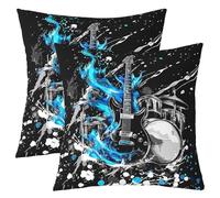 Homewish Lot de 2 Housse de Coussin 45x45 Guitare Bleue,Taie d'oreiller Modèle de Kit de Tambour,Housse d'oreiller Musique Pop Rock Moderne,Taie Oreiller Garçons Filles Amateurs de Musique Roll