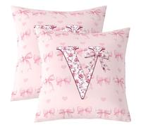 Homewish Lot de 2 Housse de Coussin 45x45 Lettre Initiale V Bowknot Alphabet Rose,Taie d'oreiller Fleurs Kawaii Love Hearts,Housse d'oreiller Arc Monogrammé Filles Enfants Personnalisé Femmes