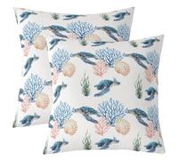 Homewish Lot de 2 Housse de Coussin 45x45 Tortue de Mer Colorée Taie d'oreiller Corail Côtier Aquarelle Housse d'oreiller Coquillage Océan d'Été Taie Oreiller Tortue Varech Vert