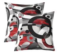 Homewish Lot de 2 Housse de Coussin 50x50 Circles Géométriques Abstraits, Taie d'oreiller Rouge Noir Blanc, Housse d'oreiller Esthétique Moderne, Taie Oreiller Minimaliste