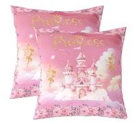 Homewish Lot de 2 Housse de Coussin 50x50 Princesse,Taie d'oreiller Château de Princesse Rose,Housse d'oreiller Fées D'Or Mignonnes Rêveuses,Taie Oreiller Décor de Nuages de Fleurs de Rose Romantiques