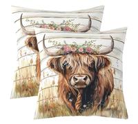 Homewish Lot de 2 Housse de Coussin 50x50 Vache Florale des Hauts Terres,Taie d'oreiller Animaux de Campagne Rustique,Housse d'oreiller Taureau Longhorn,Taie Oreiller Bétail de Faune Sauvage de Ferme