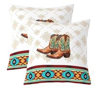 Homewish Lot de 2 Housse de Coussin 55x55 Botte Western Taie d'oreiller Rayure Aztec Boho Housse d'oreiller Bottes de Cowboy Taie Oreiller Aztec Natif du Sud-Ouest
