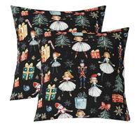 Homewish Lot de 2 Housse de Coussin 55x55 Cache-Noix de Noël,Taie d'oreiller Arbre de Noël À Cravate Rouge Flocon de Neige de Princesse de Ballet Mignon Soldat Royal Guard de Dessin Animé,Noir