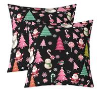 Homewish Lot de 2 Housse de Coussin 55x55 Cartoon Mauvais Père Noël,Taie d'oreiller Rose Arbre de Noël Décor Flocon de Neige,Housse d'oreiller Bonhomme de Neige Mignon Kawaii Étoiles Bonbons,Noir