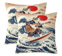 Homewish Lot de 2 Housse de Coussin 55x55 Joueur de Guitare Japonais de Chat, Taie d'oreiller Thème de Musique Rock, Housse d'oreiller Surf, Taie Oreiller pour Garçons Filles Mignons Animaux