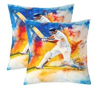 Homewish Lot de 2 Housse de Coussin 60x60 Aquarelle Cricket Batsman,Taie d'oreiller Splatter Jaune Bleu Orange,Housse d'oreiller Joueur de Cricket,Taie Oreiller Garçons Adultes Sports Esthétique