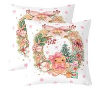 Homewish Lot de 2 Housse de Coussin 60x60 Arc,Taie d'oreiller Pain D'Gingembre,Housse d'oreiller Kawaii Bowknot Noël Holly Berry Couronne de Fille Rose Étoilé,Taie Oreiller Bonbons de Festival Enfants