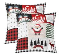 Homewish Lot de 2 Housse de Coussin 60x60 Cartoon Père Noël, Taie d'oreiller Rouge et Noir Plaid, Housse d'oreiller Bonhomme de Neige Mignon, Taie Oreiller Elk Cerf Flocon de Neige Arbre de Noël