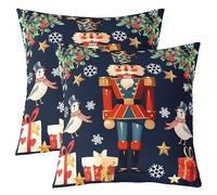 Homewish Lot de 2 Housse de Coussin 60x60 Casque-Noix de Noël,Taie d'oreiller Gardien Royal Soldat de Dessins Animés,Housse d'oreiller Fleurs de Poinsettia Oiseaux de Flocon de Neige de Noël