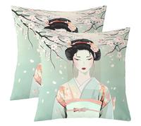 Homewish Lot de 2 Housse de Coussin 60x60 Fleur Florale, Taie d'oreiller Kimono, Housse d'oreiller Cerise Esthétique Japonais Teal Bleu Rose Taie Oreiller