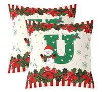 Homewish Lot de 2 Housse de Coussin 60x60 Lettre D'Arc de Noël U,Taie d'oreiller Bowknot Holly,Housse d'oreiller Bonhomme de Neige Alphabet Amour Coeurs Enfants Flocon de Neige Cerise Vert Bande Rouge