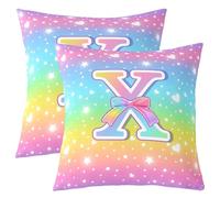 Homewish Lot de 2 Housse de Coussin 60x60 Lettre Initiale X,Taie d'oreiller Arc-en-Ciel,Taie Oreiller Enfants et Adolescents Kawaii Coquette Nœud de Ruban Éclatant Mignon Arc-en-Ciel Ombré Princesse