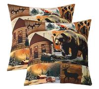 Homewish Lot de 2 Housse de Coussin 60x60 Lodge Rustique, Taie d'oreiller Cabine de Renard de Cerf d'ours, Housse d'oreiller Animaux de Bois de Pays, Taie Oreiller Pins de Grange Vintage Brun Noir