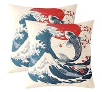 Homewish Lot de 2 Koi Housse de Coussin 60x60,Ukiyoe Japonais Vague Impression Taie d'oreiller,Sakura Enfants Fille Doux Housse d'oreiller,Rouge Bleu Soleil Carpe Coussin Décoratifs