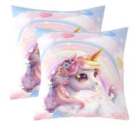 Homewish Lot de 2 Pink Rainbow Licorne Housse de Coussin 60x60,Mignon Dessin Animé Cheval Housse d'oreiller,Kawaii Scintillant Étoiles Taie d'oreiller,Fille Princesse Chic Coussin Décoratifs