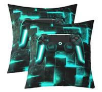 Homewish Lot de 2 Turquoise Plaid Taie d'oreiller 60x60,Garçons Game Coussin Coussin de Jeu Cube Néon Contre Housse de Coussin,Moderne Abstrait Géométrique Décoratif Carré Taie d'oreiller,Flip