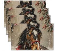 Homewish Lot de 4 Sets de Table Animaux de Ferme de Noël,Tapis de Table 45x30cm Cheval de Noël,Sets de Table Lavable Flocon de Neige,Tapis de Table Antidérapant Haricots Rouges d'hiver