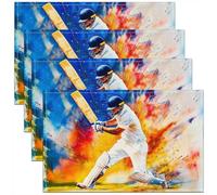 Homewish Lot de 4 Sets de Table Aquarelle Cricket Batsman,Tapis de Table 45x30cm Splatter Jaune Bleu Orange,Sets de Table Lavable Joueur de Cricket Enfants Garçons Adultes Sports Esthétique