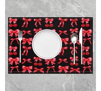 Homewish Lot de 4 Sets de Table Bouchon de Cerise Rouge,Tapis de Table 45x30cm Bouchon de Ruban de Soie Mignon,Sets de Table Cravate de Princesse,Tapis de Table Kawaii Rêveux,Girly Rouge et Noir