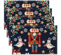 Homewish Lot de 4 Sets de Table Casque-Noix de Noël,Tapis de Table 45x30cm Gardien Royal Soldat de Dessins Animés,Sets de Table Lavable Fleurs de Poinsettia Oiseaux de Flocon de Neige de Noël