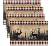 Homewish Lot de 4 Sets de Table Cerf de Forêt Rustique,Tapis de Table 45x30cm Cabine de Rideau Farmhouse Country Lodge,Sets de Table Chasse Aux Cerfs d'animaux Sauvages Forêt Rouge Brun Buffalo Plaid