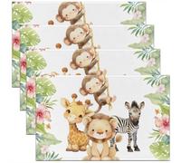 Homewish Lot de 4 Sets de Table Charmant Animaux de Dessin Animé,Tapis de Table 45x30cm Garçons Filles Mignon Girafe Lion,Sets de Table Feuilles de Palmier Fleurs Roses Nursery Jungle Zèbre Singe