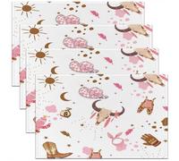 Homewish Lot de 4 Sets de Table Cowboy Occidental,Tapis de Table 45x30cm Bottes de Cowgirl Rose,Sets de Table Lavable Motif du Crâne de Taureau Enfants Garçons Filles Adultes Décor Rustique Rétro
