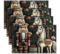 Homewish Lot de 4 Sets de Table Craquenoix de Noël,Tapis de Table 45x30cm Gardien Royal Soldat de Dessin Animé,Sets de Table Lavable Cheval Blanc,Tapis de Table Antidérapant Ornaments de Noël Mignons