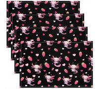 Homewish Lot de 4 Sets de Table Fraise Axolotl,Tapis de Table 45x30cm Enfants Adultes Salamandre Mignonne,Sets de Table Lavable Cœurs D'Amour Roses,Tapis de Table Antidérapant Cartoon Fruit Vie de Mer
