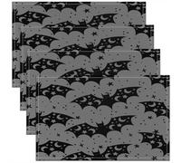 Homewish Lot de 4 Sets de Table Halloween Bats,Tapis de Table 45x30cm Noir Grey Stars Moon Pattern,Sets de Table Lavable Enfants Gothic Wildlife Birds,Tapis de Table Halloween Festival À Thème