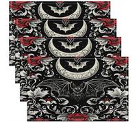 Homewish Lot de 4 Sets de Table Halloween Chauve-Souris,Tapis de Table 45x30cm Thème de Terreur Gothique Effrayant,Sets de Table Garçons Feuilles de Fleurs Exotiques,Tapis de Table Vintage Floral Noir