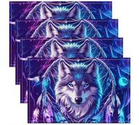 Homewish Lot de 4 Sets de Table Imprimé Animal Loup, Tapis de Table 45x30cm Attrape-Rêves Bohème, Sets de Table Lavable Motif Plumes Bohème, Tapis de Table Antidérapant Galaxie Mystère